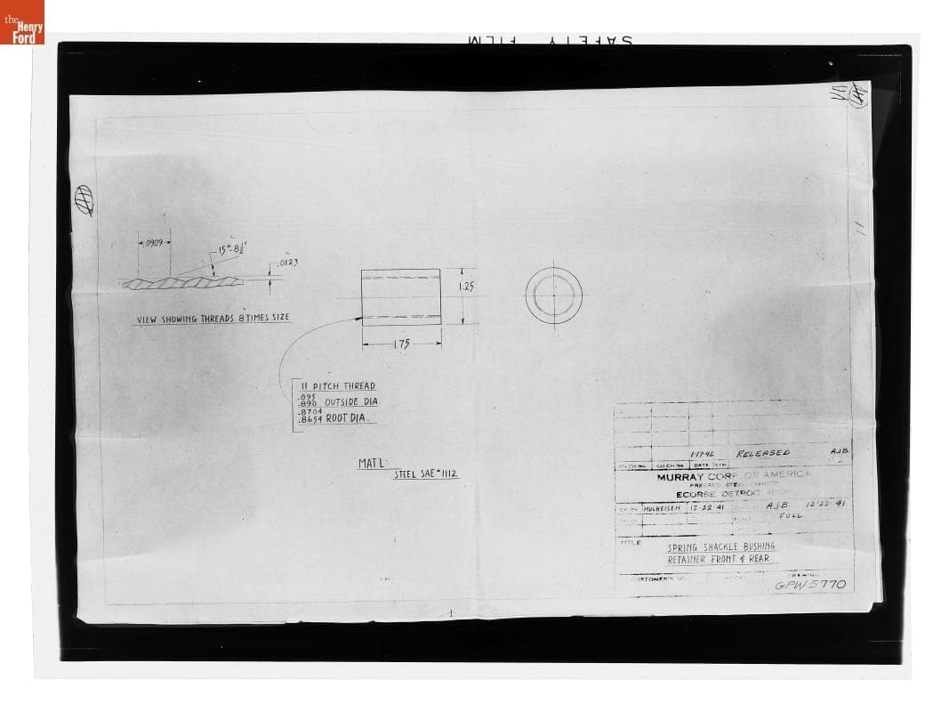 Drawing, "Spring Shackle Busing Retainer Front & Rear," Ford GPW, January 17, 1942