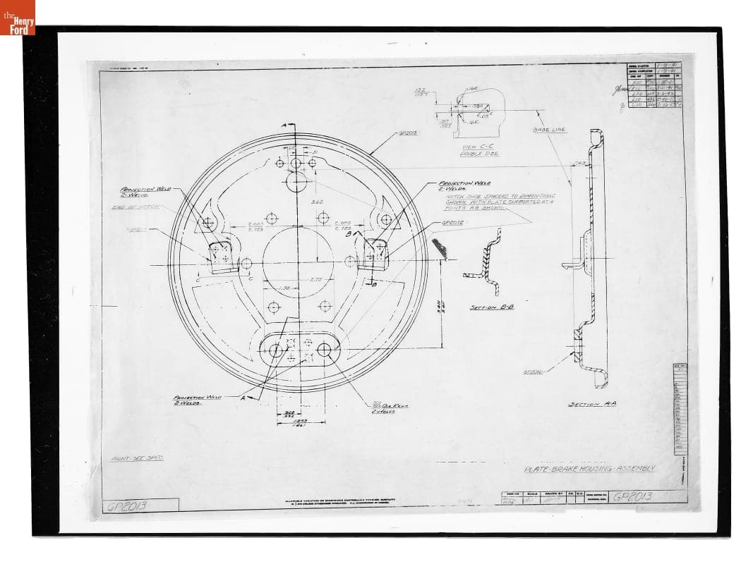 Drawing, "Plate - Brake Housing Assembly," Ford GP, February 13, 1943