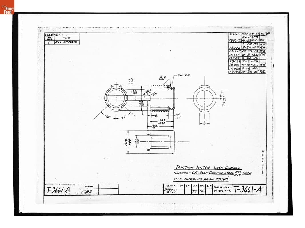 Drawing, "Ignition Switch Lock Barrel," Ford Model T, October 28, 1926