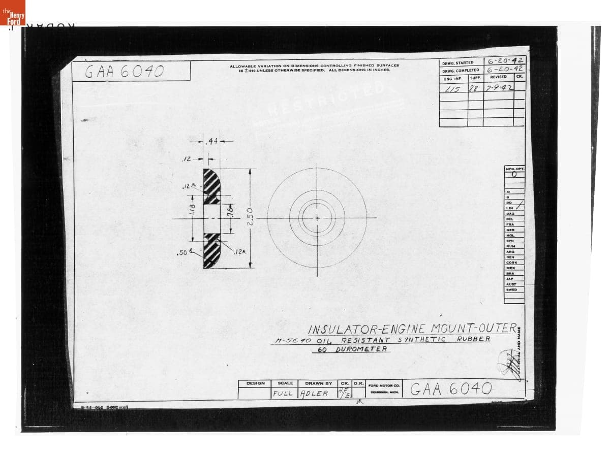 Drawing, "Insulator - Engine Mount - Outer," Ford GAA Engine for M4A3 Medium Tank (M4 Sherman), July 9, 1942