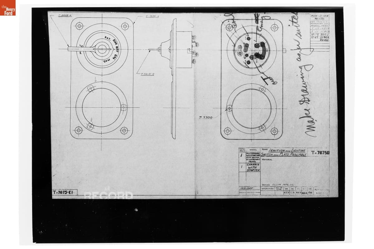 Drawing, "Ignition and Lighting Switch and Plate Assembly," Ford Model T, 1922
