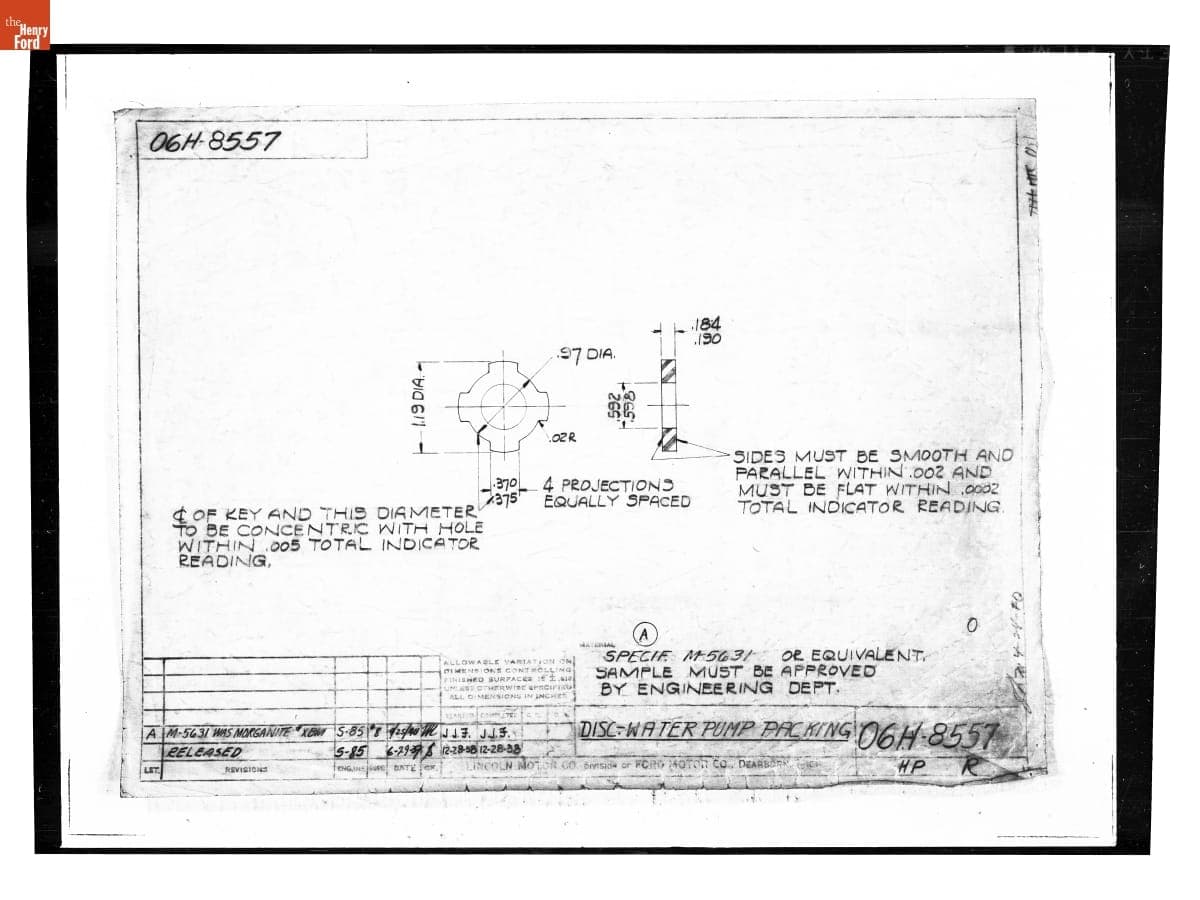Drawing, "Disc - Water Pump Packing," Lincoln Automobile, April 25, 1940