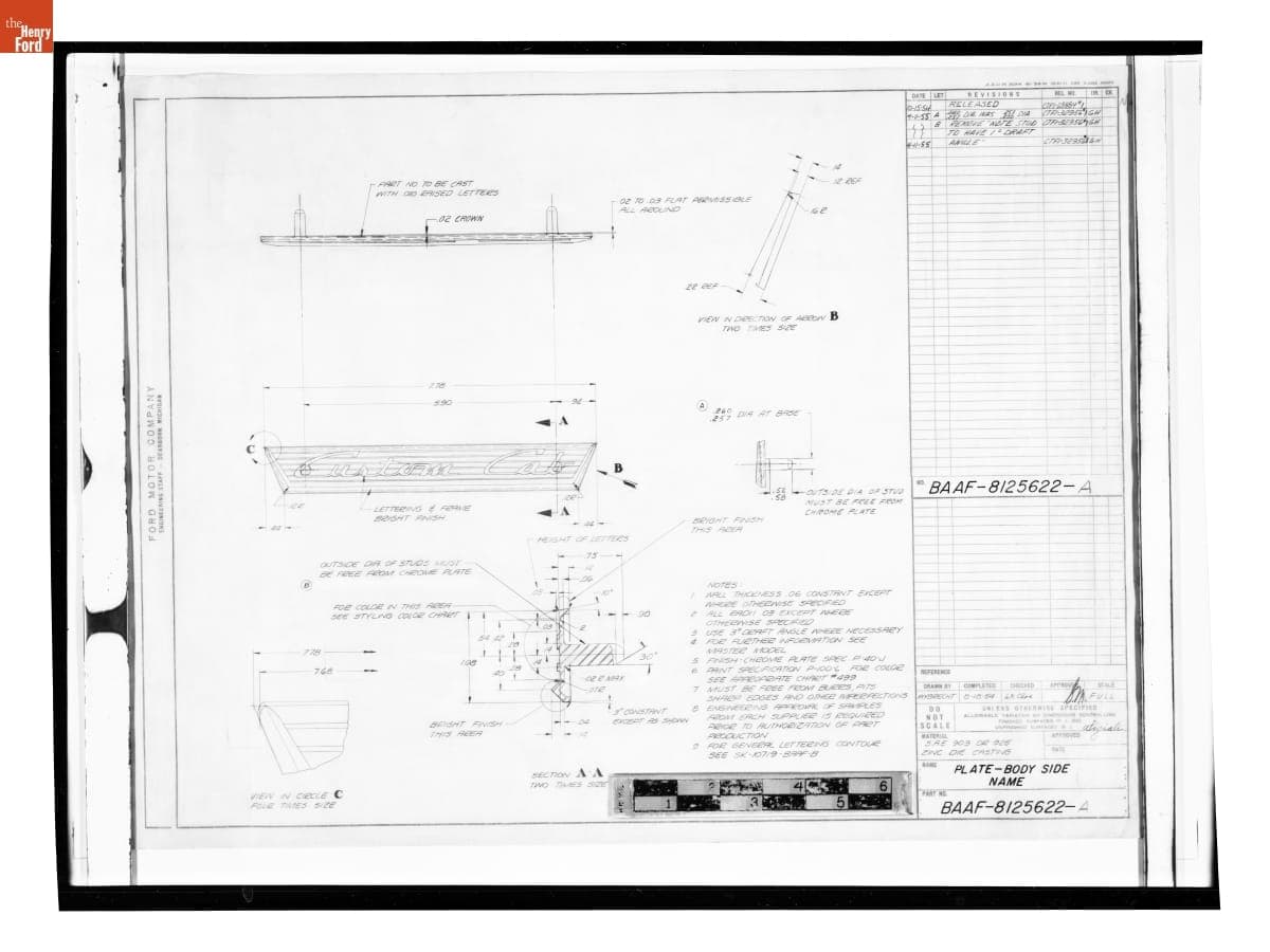 Drawing, "Plate - Body Side Name," Ford F-Series Custom Cab Pickup, April 11, 1955
