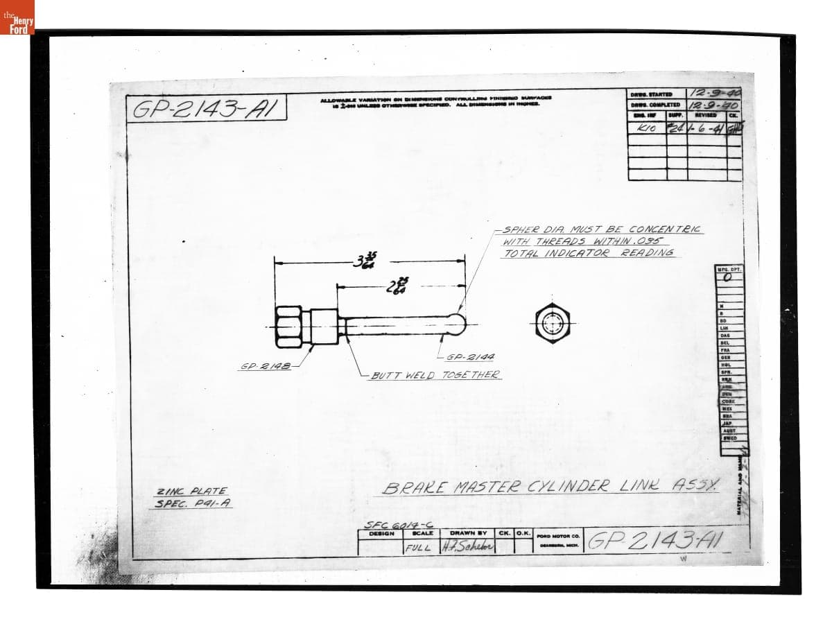 Drawing, "Brake Master Cylinder Link Assy.," Ford GP, January 6, 1941