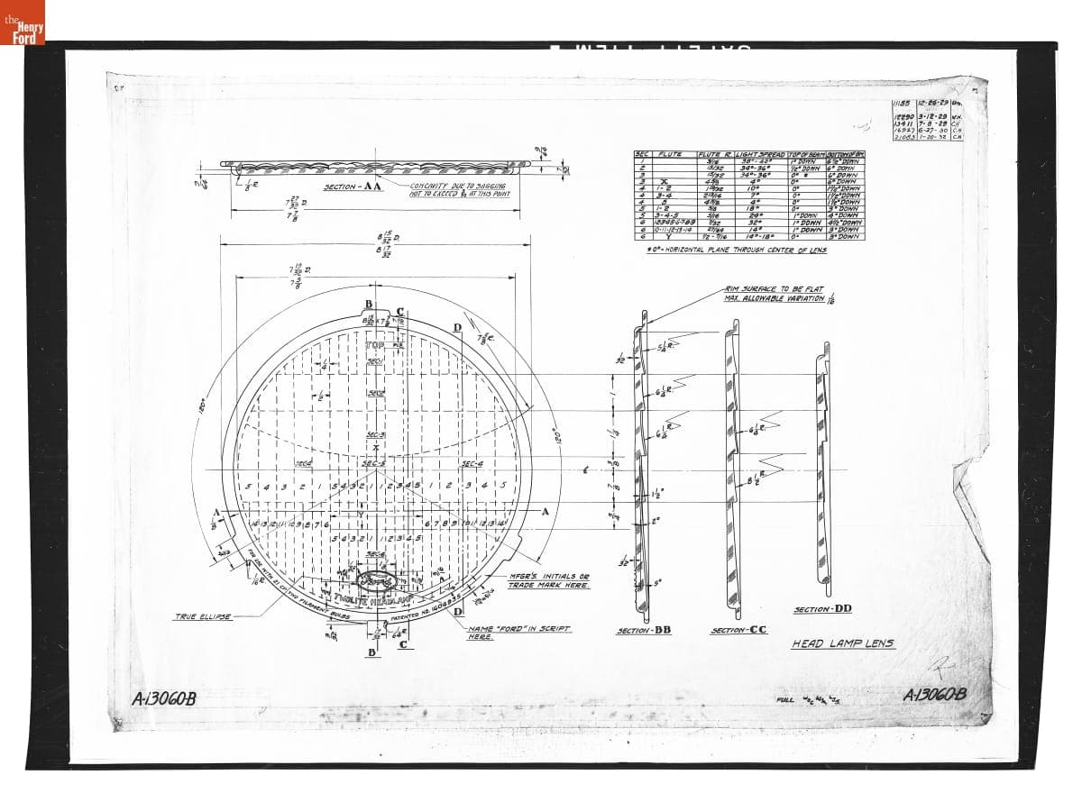 Drawing, "Head Lamp Lens," Ford Model A, January 20, 1932