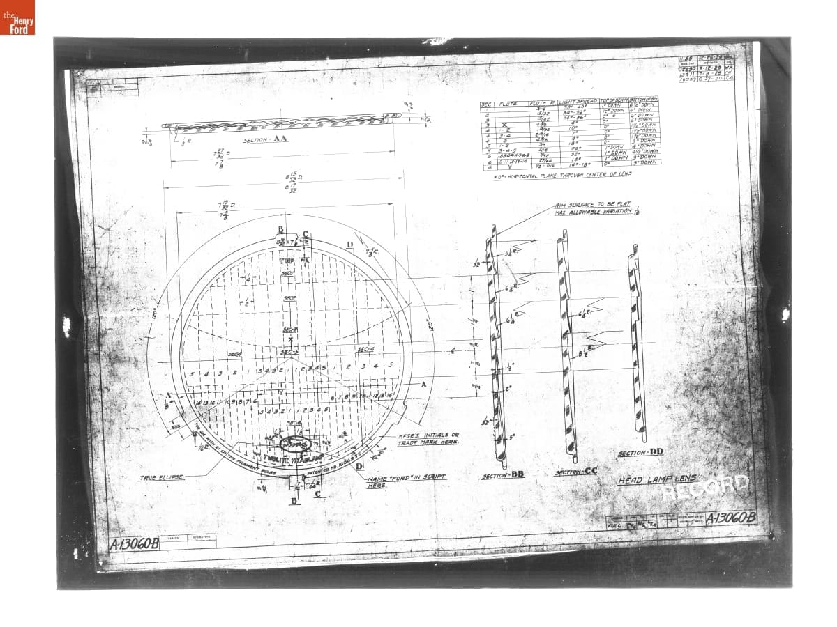 Drawing, "Head Lamp Lens," Ford Model A, June 27, 1930