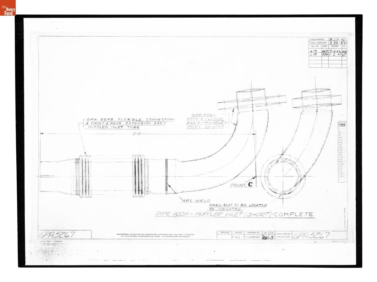 Drawing, "Pipe Assy. - Muffler Inlet (Short) - Complete," Ford GPA, November 2, 1942