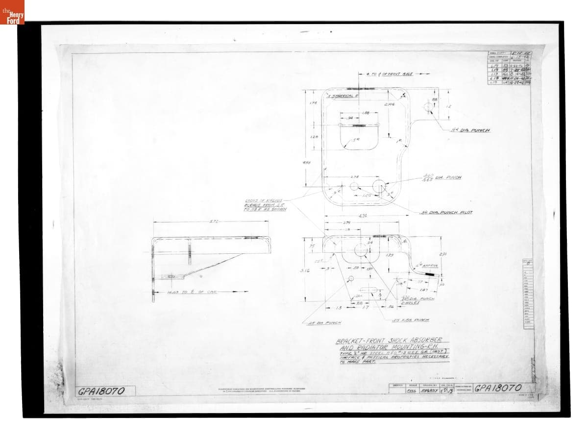 Drawing, "Bracket - Front Shock Absorber and Radiator Mounting - R.H.," Ford GPA, December 22, 1942