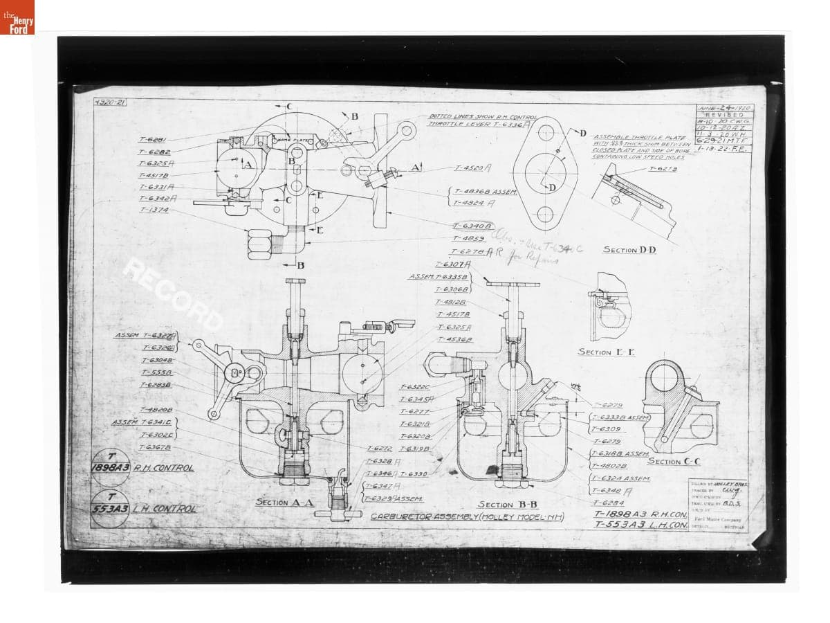 Drawing, "Carburetor Assembly (Holley Model NH)," Ford Model T, January 13, 1922