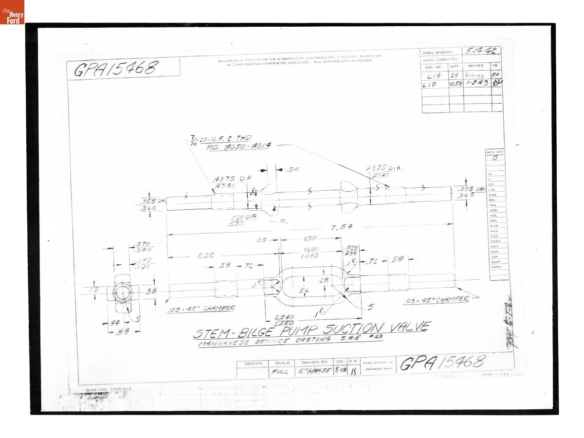 Drawing, "Stem - Bilge Pump Suction Valve," Ford GPA, January 2, 1943