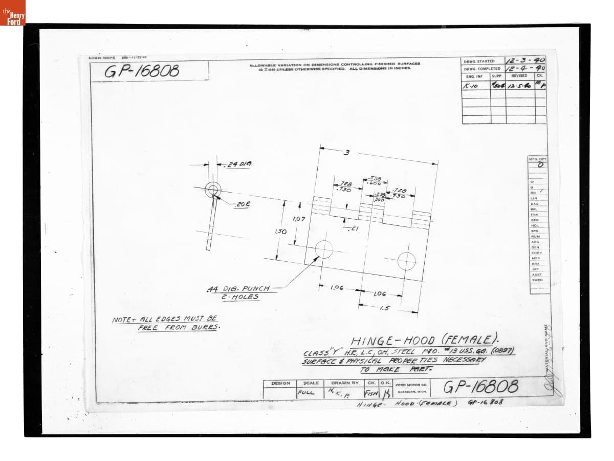 Drawing, "Hinge - Hood (Female)," Ford GP, December 5, 1940