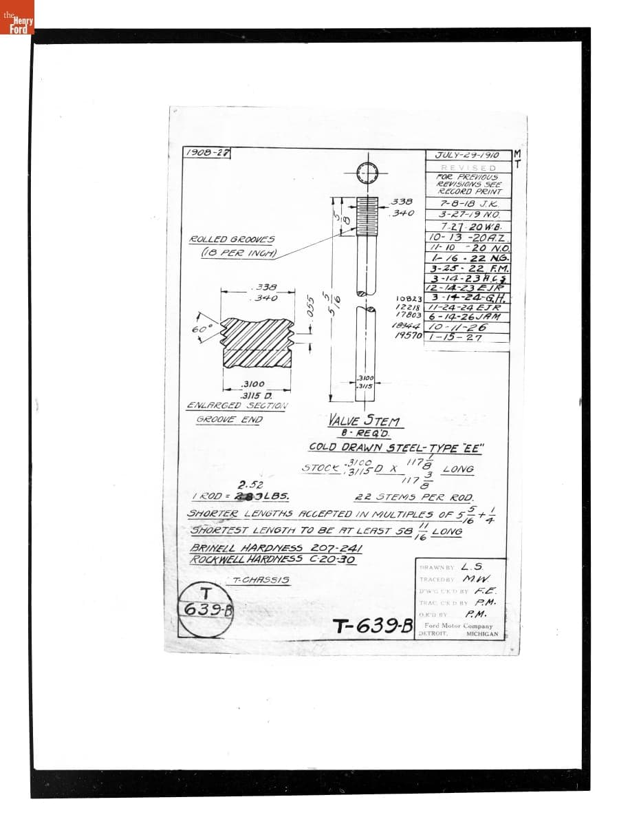 Drawing, "Valve Stem," Ford Model T, January 15, 1927