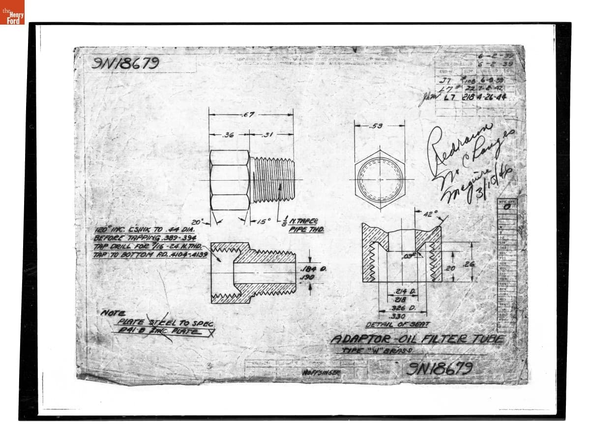 Drawing, "Adaptor - Oil Filter Tube," Ford 9N Tractor, April 26, 1944