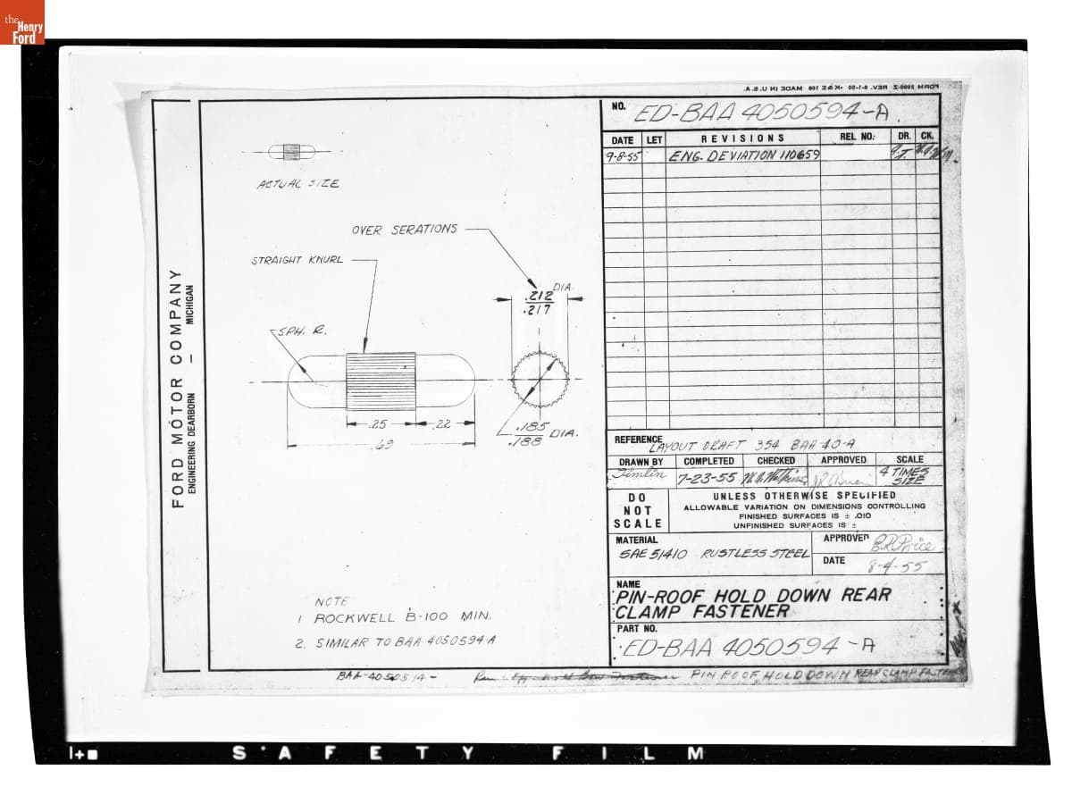 Drawing, "Pin - Roof Hold Down Rear Clamp Fastener," Ford Automobile, September 8, 1955
