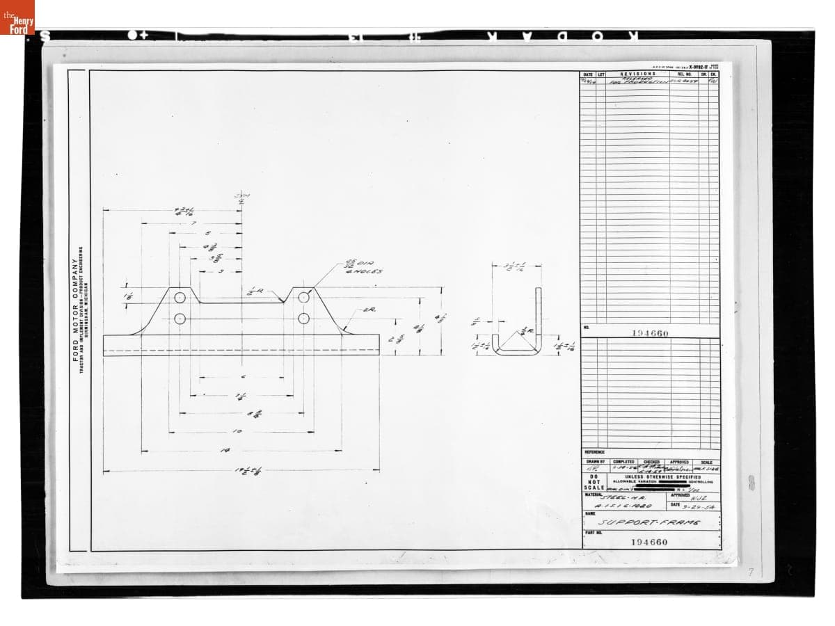 Drawing, "Support - Frame," Attachment for Ford Tractor, October 22, 1954