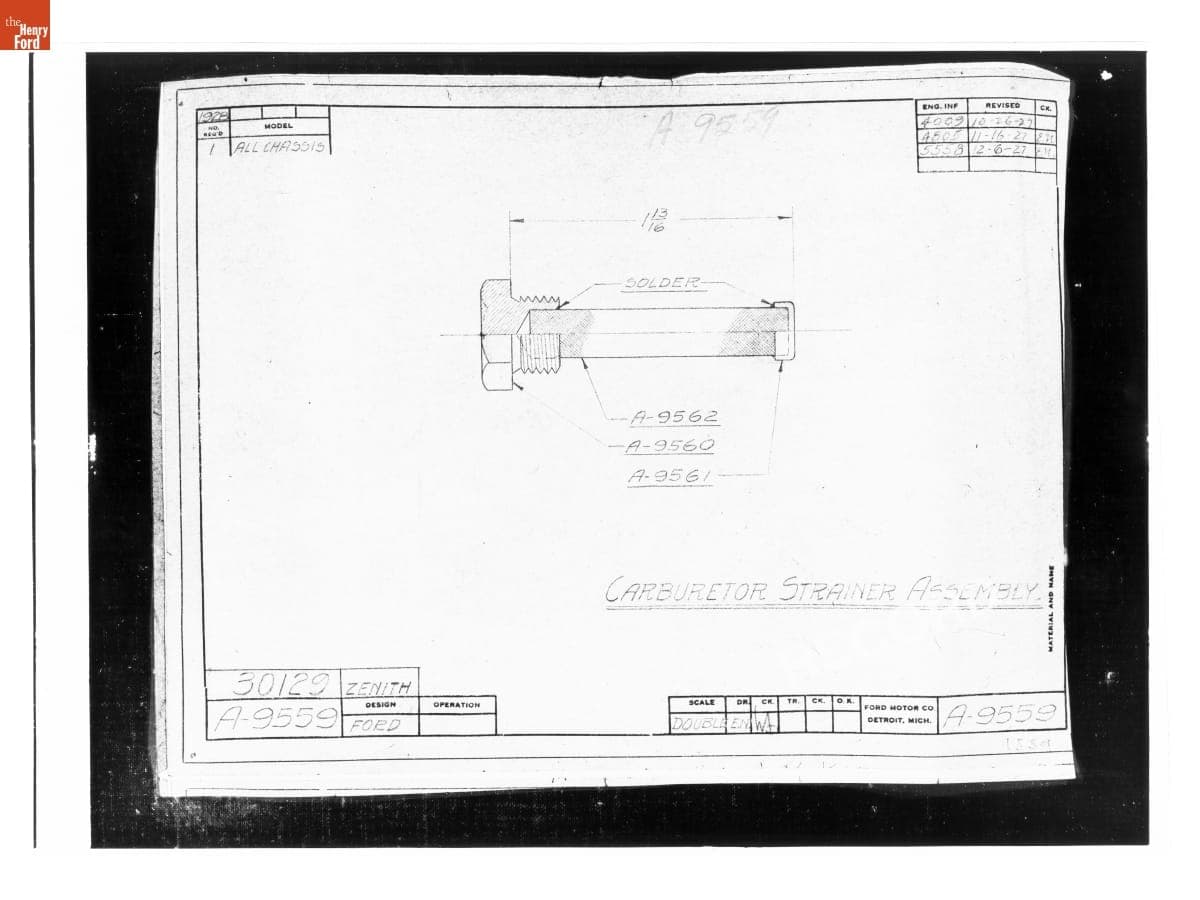 Drawing, "Carburetor Strainer Assembly," Ford Model A, December 6, 1927
