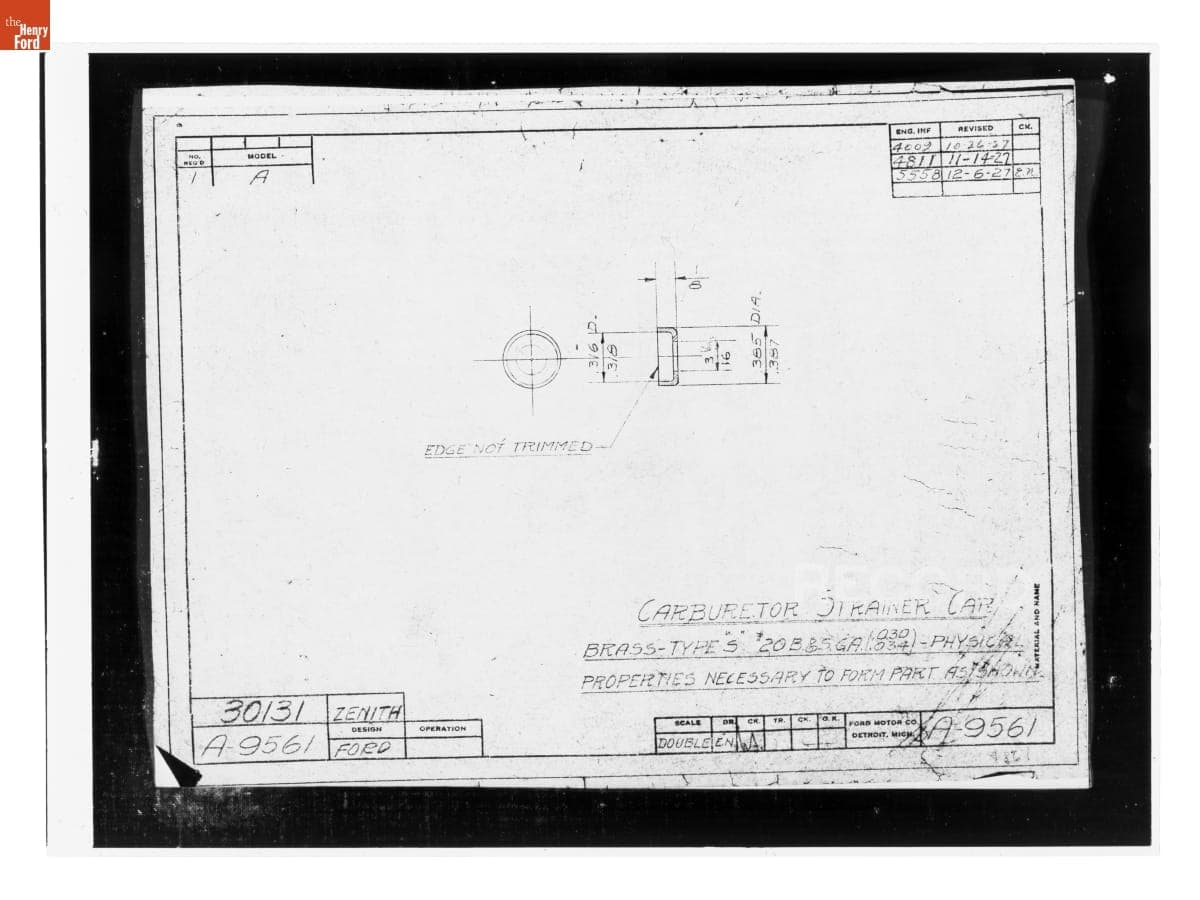 Drawing, "Carburetor Strainer Cap," Ford Model A, December 6, 1927