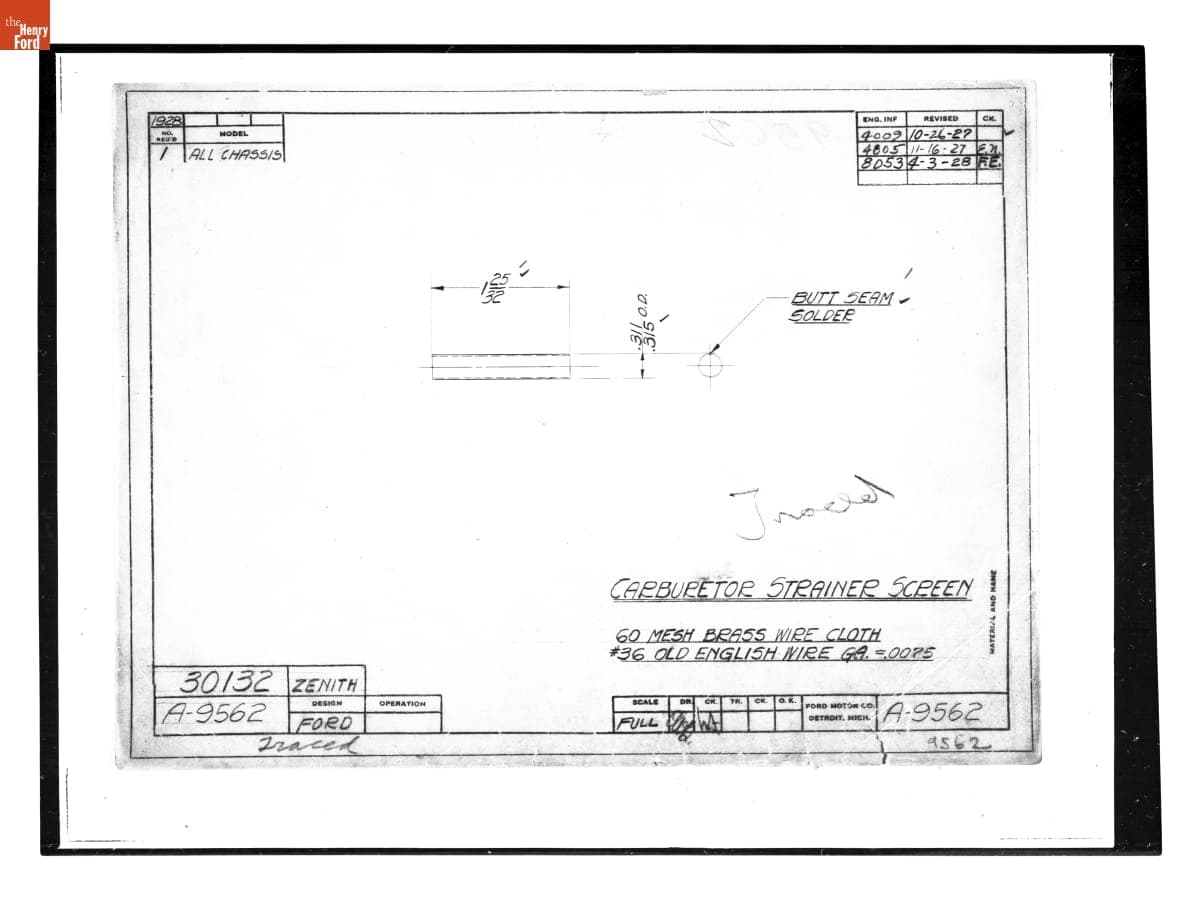 Drawing, "Carburetor Strainer Screen," Ford Model A, April 3, 1928