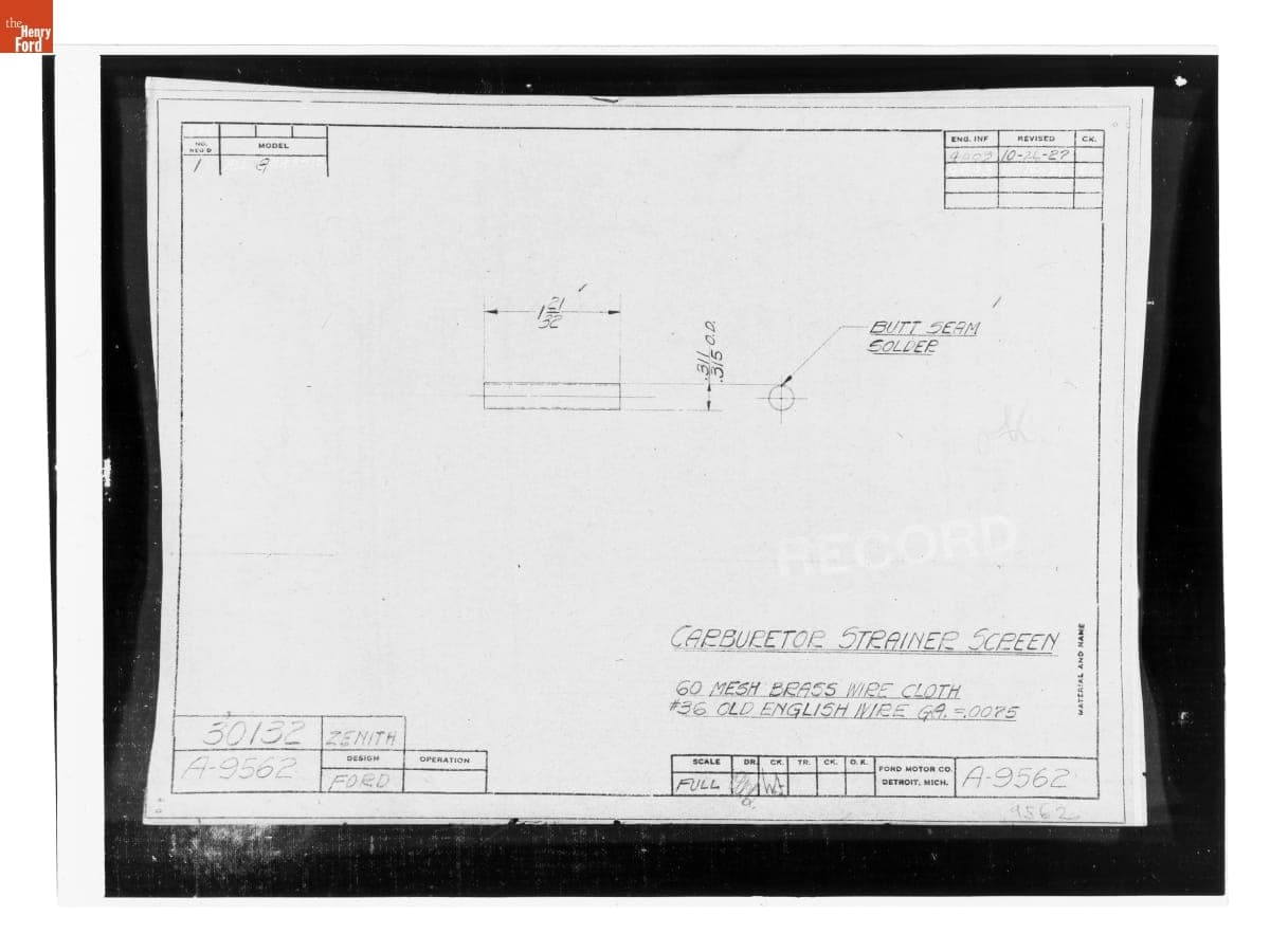 Drawing, "Carburetor Strainer Screen," Ford Model A, November 16, 1927