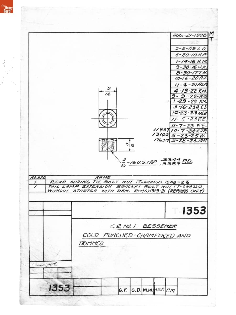 Drawing, Bolt Nut, Ford Model T, May 28, 1926