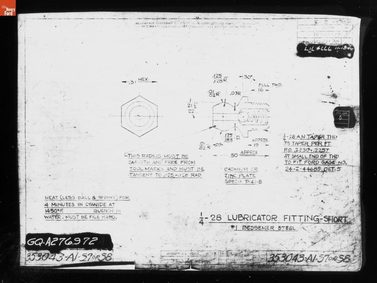Drawing, "1/4-28 Lubricator Fitting - Short," Ford GPW, November 18, 1942