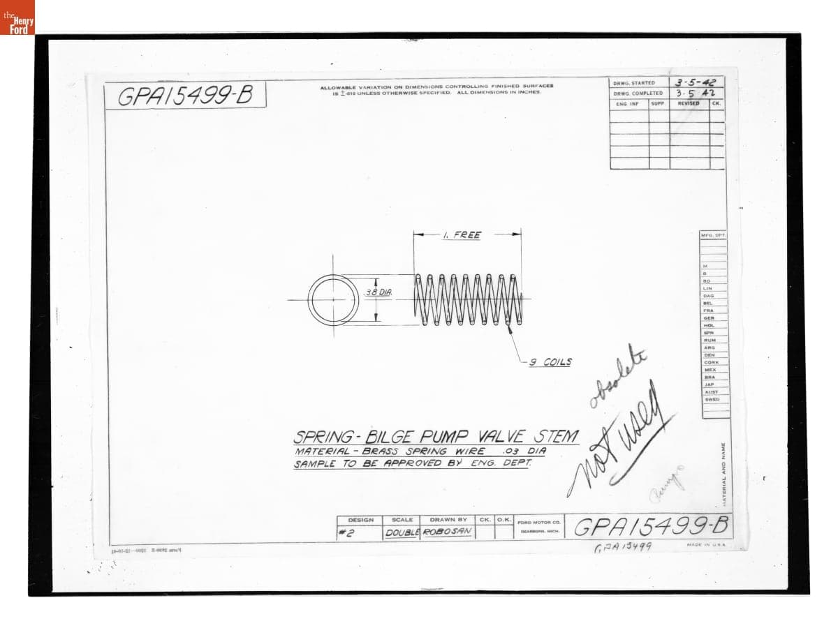 Drawing, "Spring - Bilge Pump Valve Stem," Ford GPA, March 5, 1942