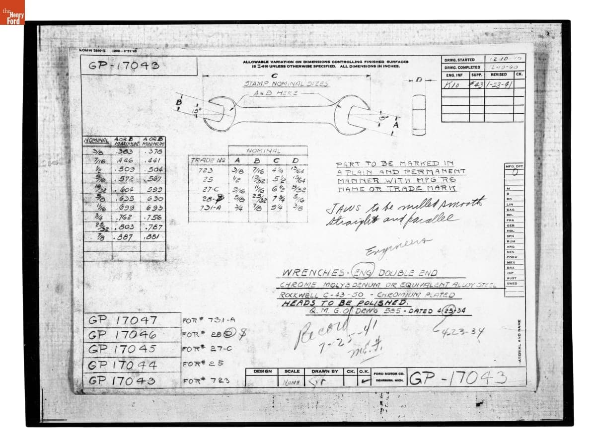 Drawing, "Wrenches - Engineers Double End," Ford GP, January 23, 1941