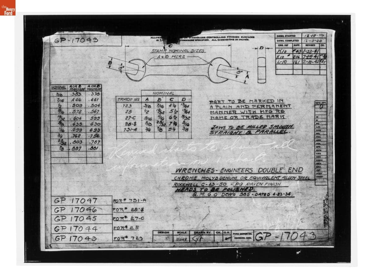 Drawing, "Wrenches - Engineers Double End," Ford GP, February 10, 1942