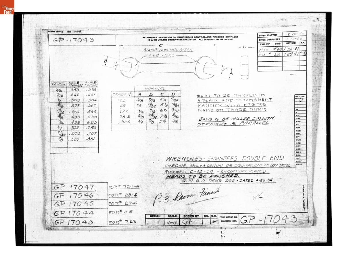 Drawing, "Wrenches - Engineers Double End," Ford GP, July 25, 1941