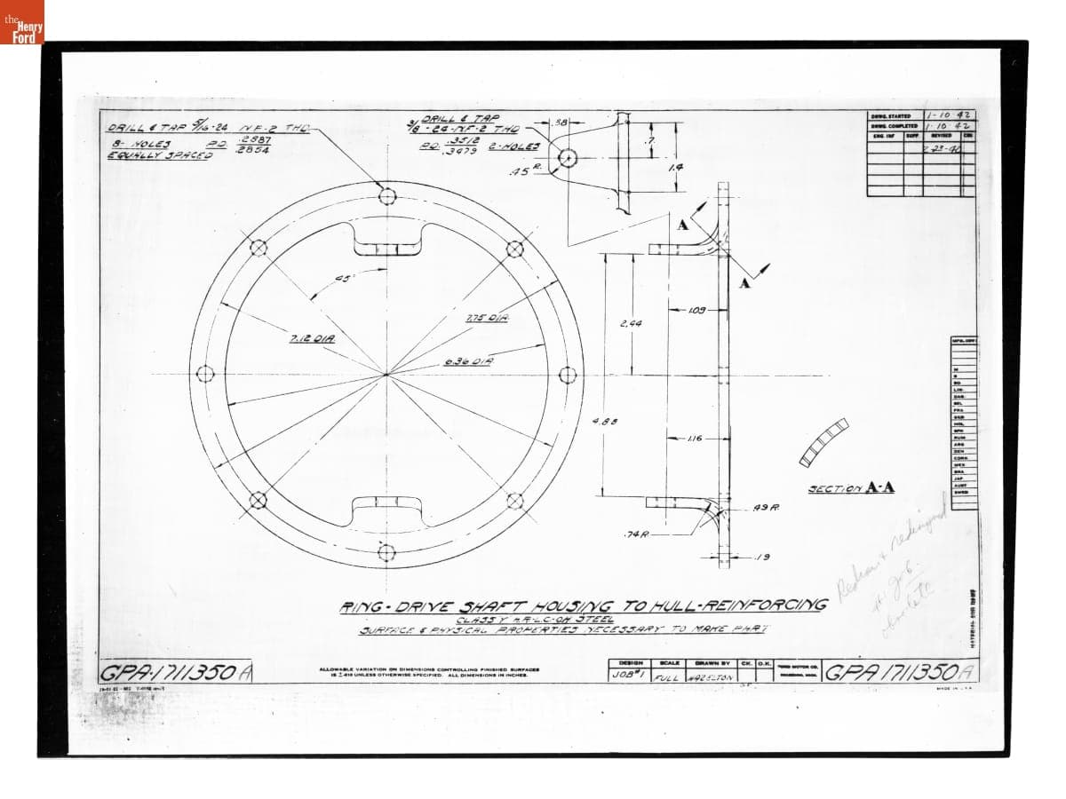 Drawing, "Ring - Drive Shaft Housing to Hull - Reinforcing," Ford GPA, February 23, 1942