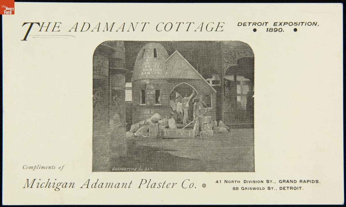 Trade Card for the Detroit Exposition's "Adamant Cottage," Michigan Adamant Plaster Co., 1889-1890