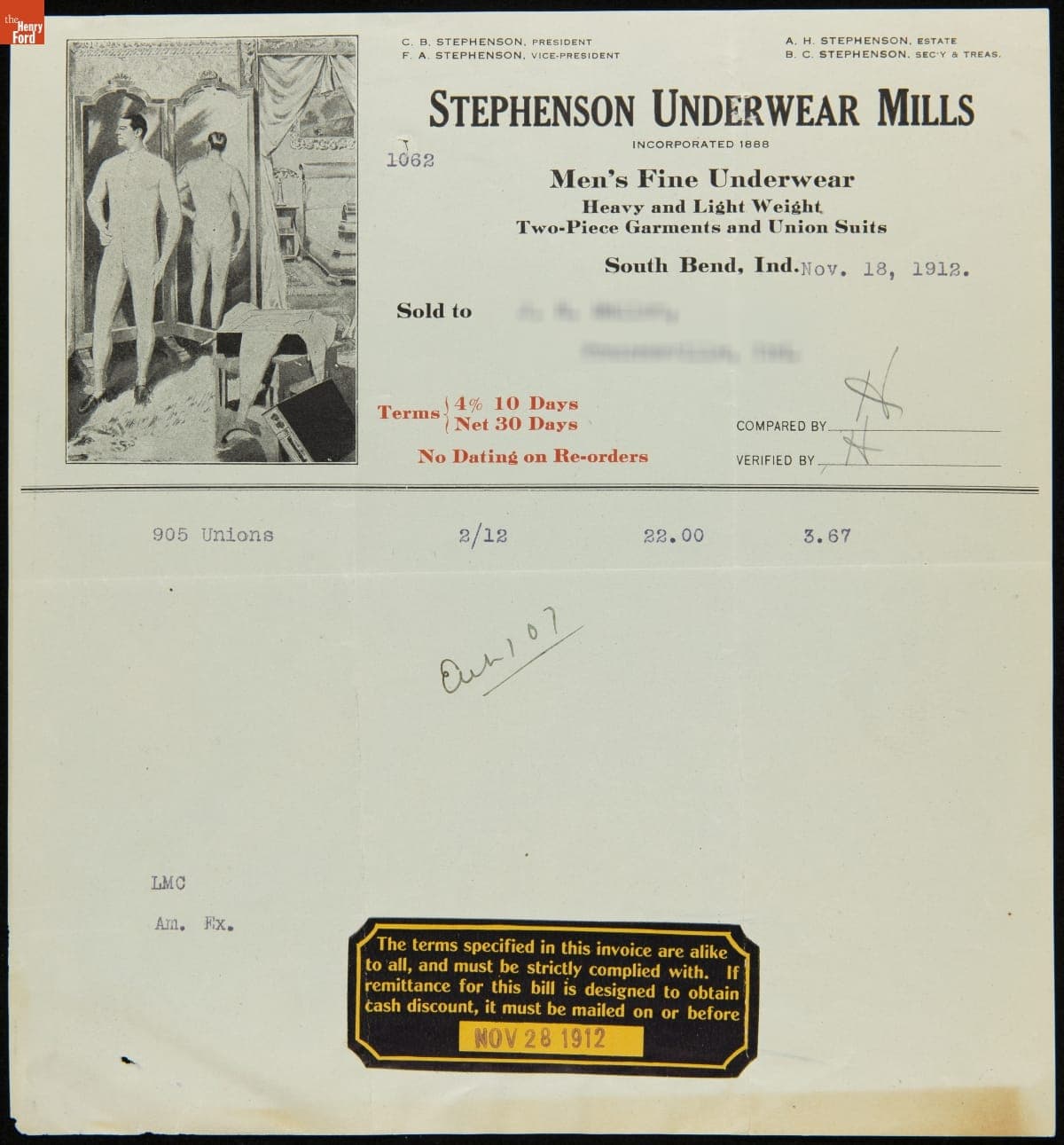 Receipt for Union Suits, Stephenson Underwear Mills, November 18, 1912
