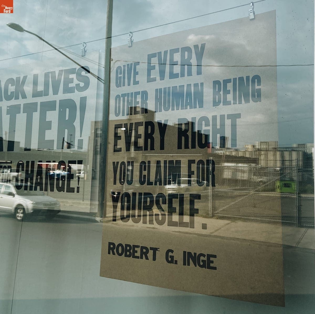 Protest Posters in Signal-Return Letterpress Shop Window, Detroit, Michigan, June 2020