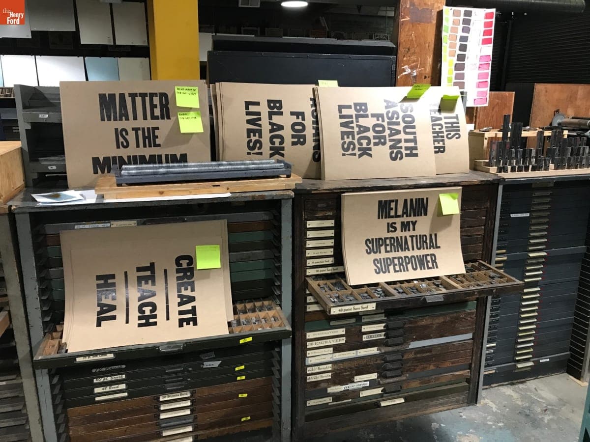 Protest Posters in Signal-Return Letterpress Shop, Detroit, Michigan, June 2020