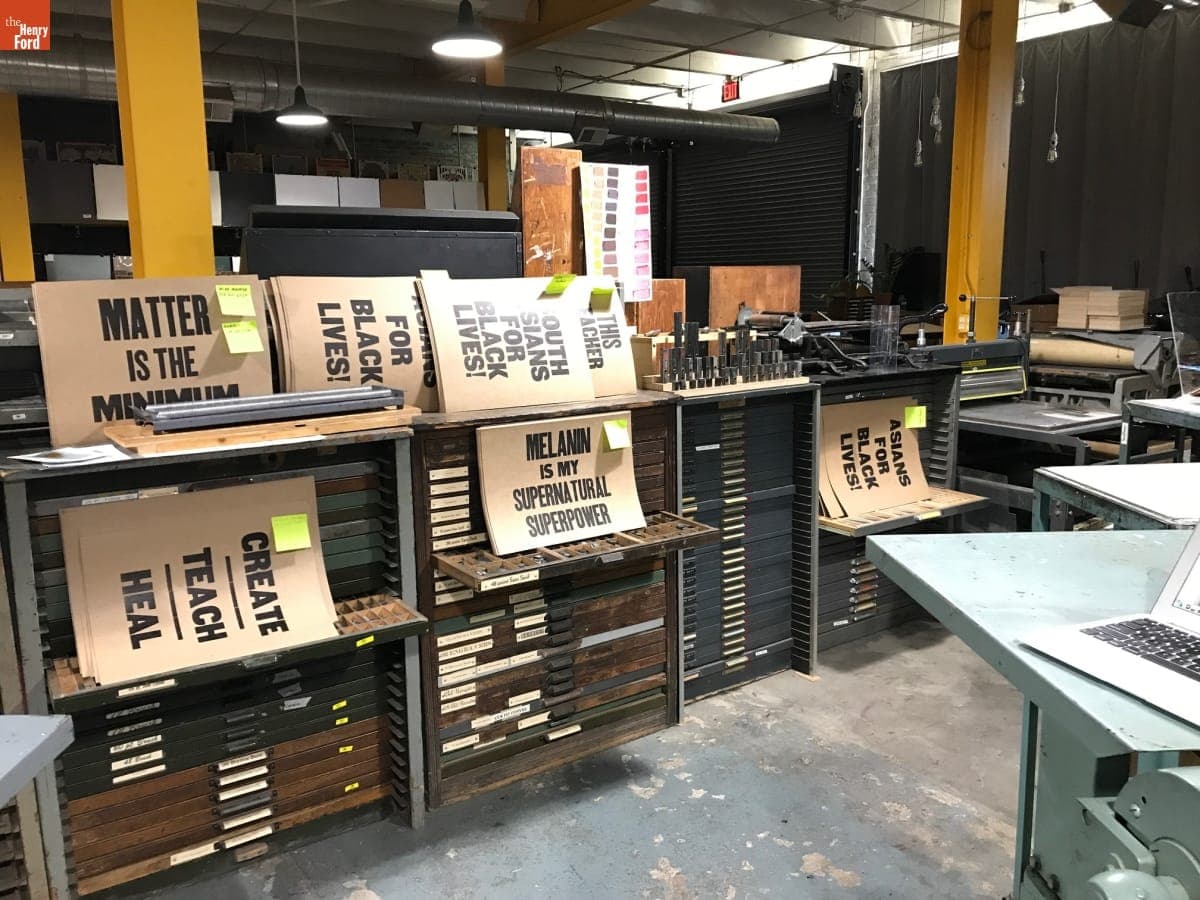 Protest Posters in Signal-Return Letterpress Shop, Detroit, Michigan, June 2020