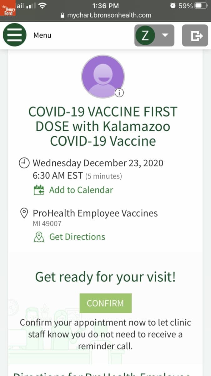 Screenshot, Confirmation of a COVID-19 Vaccine Appointment for December 23, 2020