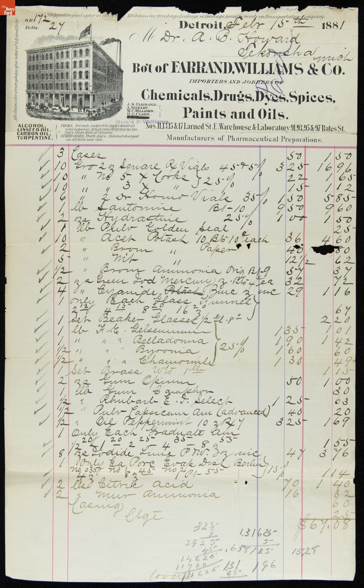 Invoice from Farrand, Williams & Co., February 15, 1881