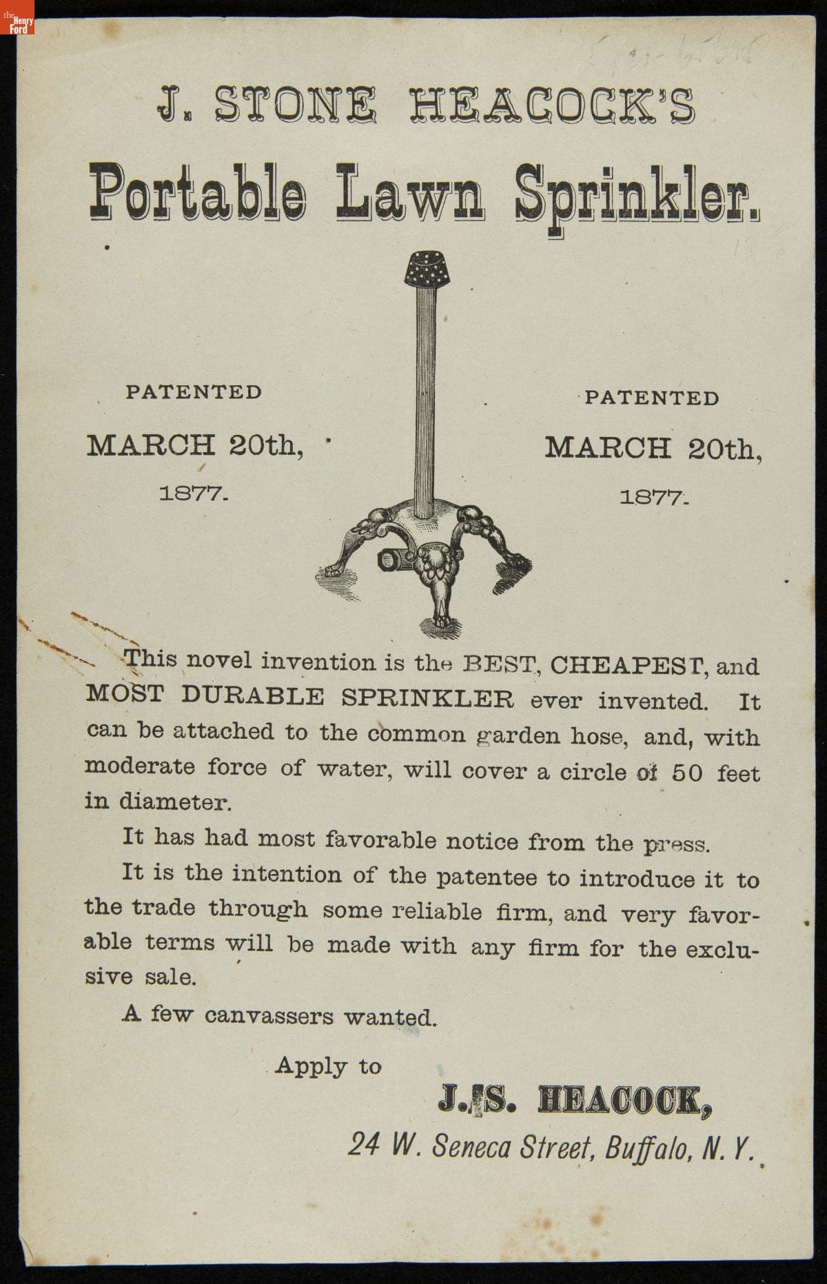 J. Stone Heacock's Portable Lawn Sprinkler: Patented March 20, 1877