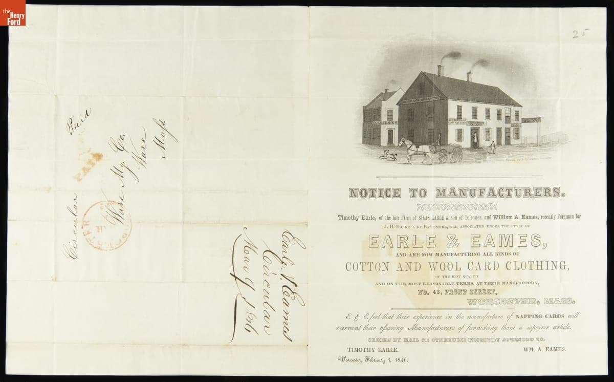 Earle & Eames Trade Catalog, "Notice to Manufacturers: Earle & Eames Now Manufacturing all Kinds of Cotton and Wool Card Clothing," 1846