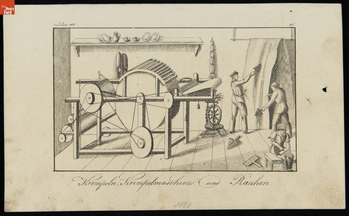 Krempeln, Krempelmaschine und Rauhen, circa 1830