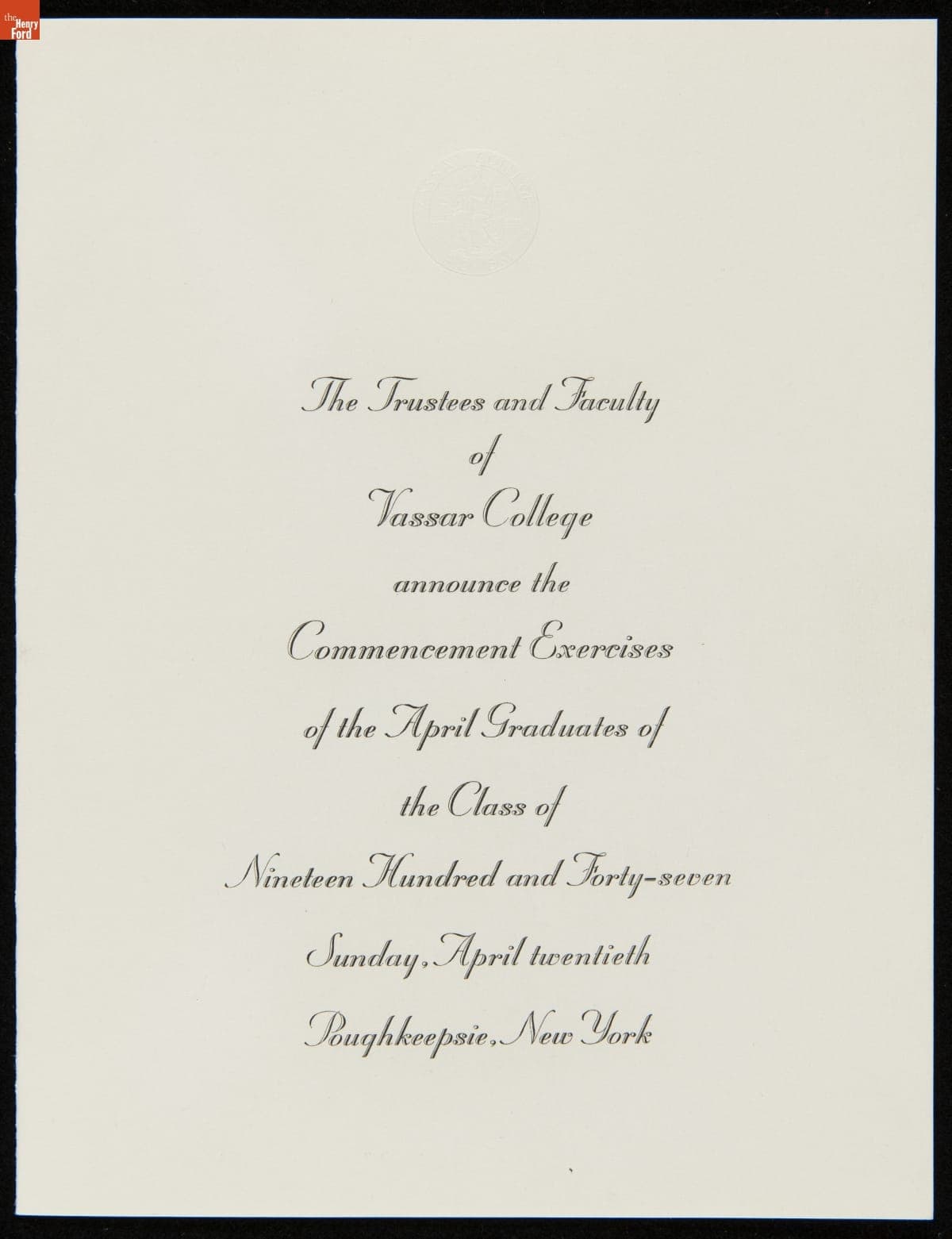Invitation to Commencement Exercises at Vassar, Sent by Martha Parke Firestone to Her Parents, April 1947