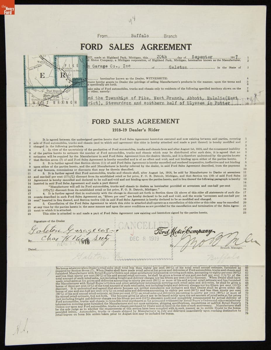 Cancelled Ford Sales Agreement for Galeton Garage Company, Inc., Galeton, Pennsylvania, December 8, 1919