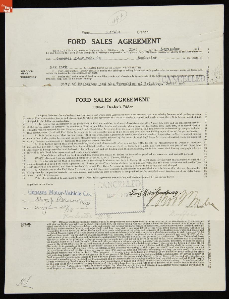 Cancelled Ford Sales Agreement for Genesee Motor Vehicle Company, Rochester, New York, May 17, 1919
