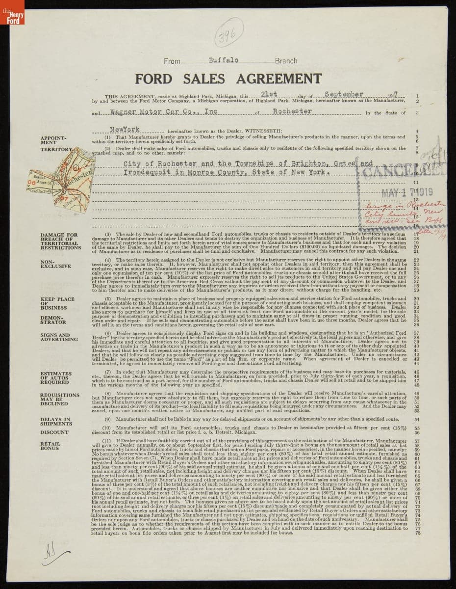 Cancelled Ford Sales Agreement for Wagner Motor Car Co. Inc., Rochester, New York, May 17, 1919