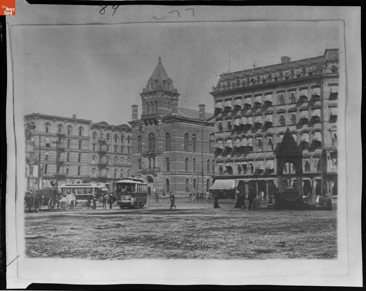 Central Market Building, Russell House Hotel, and Bagley Memorial Fountain, Detroit, Michigan, 1887-1905