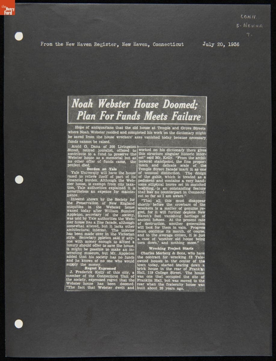 "Noah Webster House Doomed: Plan For Funds Meets Failure," New Haven, Connecticut, July 20, 1936
