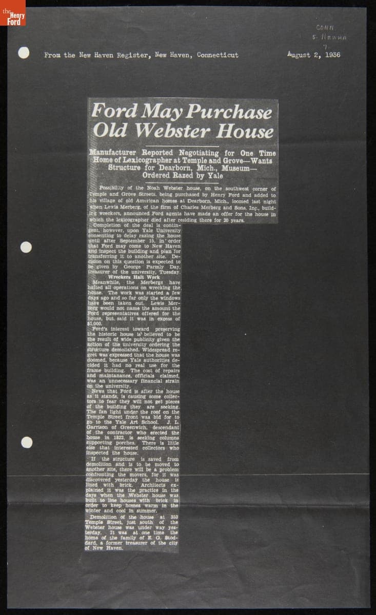"Ford May Purchase Old Webster House," New Haven, Connecticut, August 2, 1936