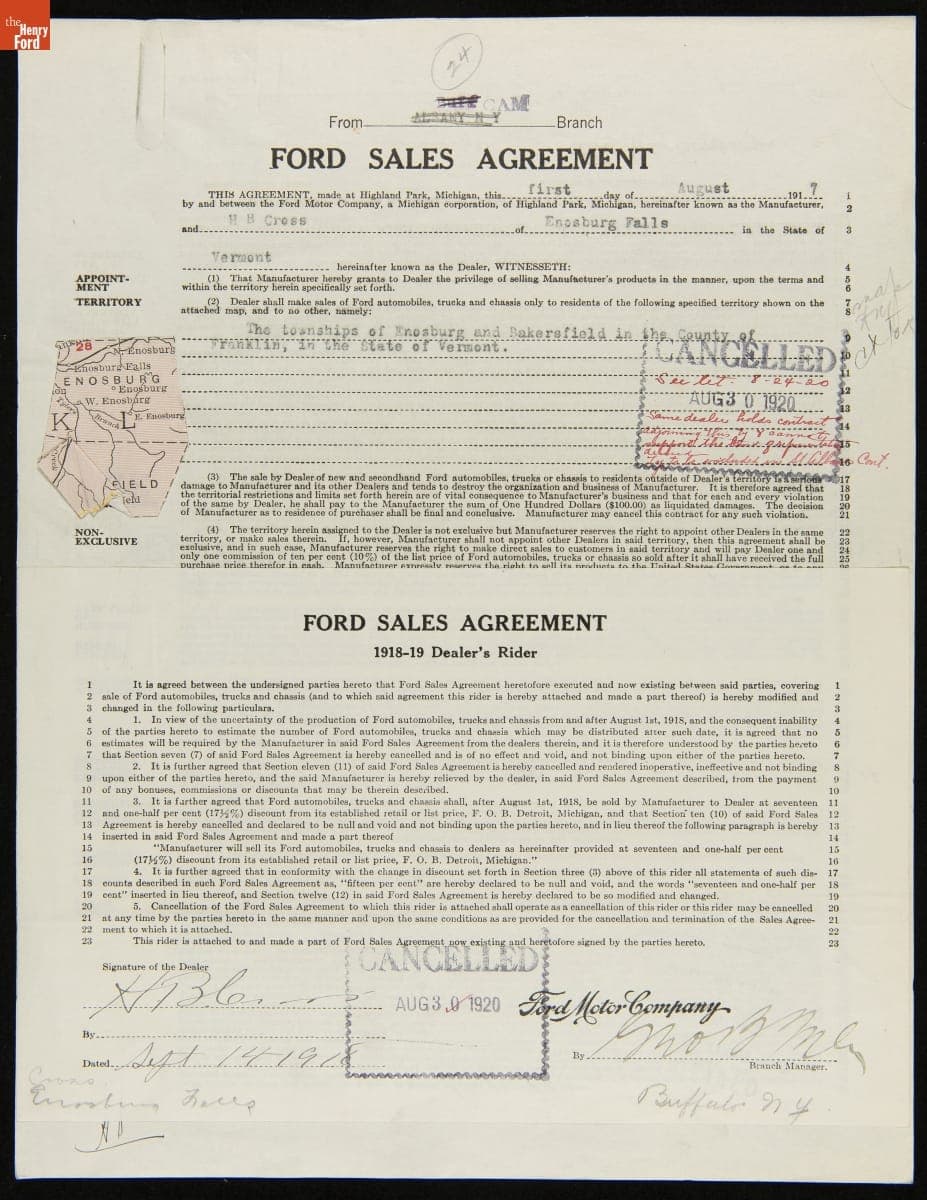 Cancelled Ford Sales Agreement for H.H. Cross, Enosburg Falls, Vermont, August 30, 1920