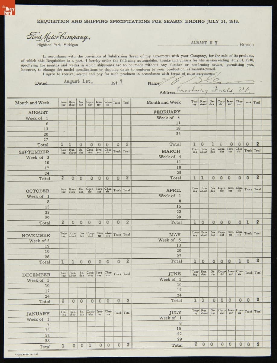 Cancelled Requisition Form for H.H. Cross, Enosburg Falls, Vermont, August 1920