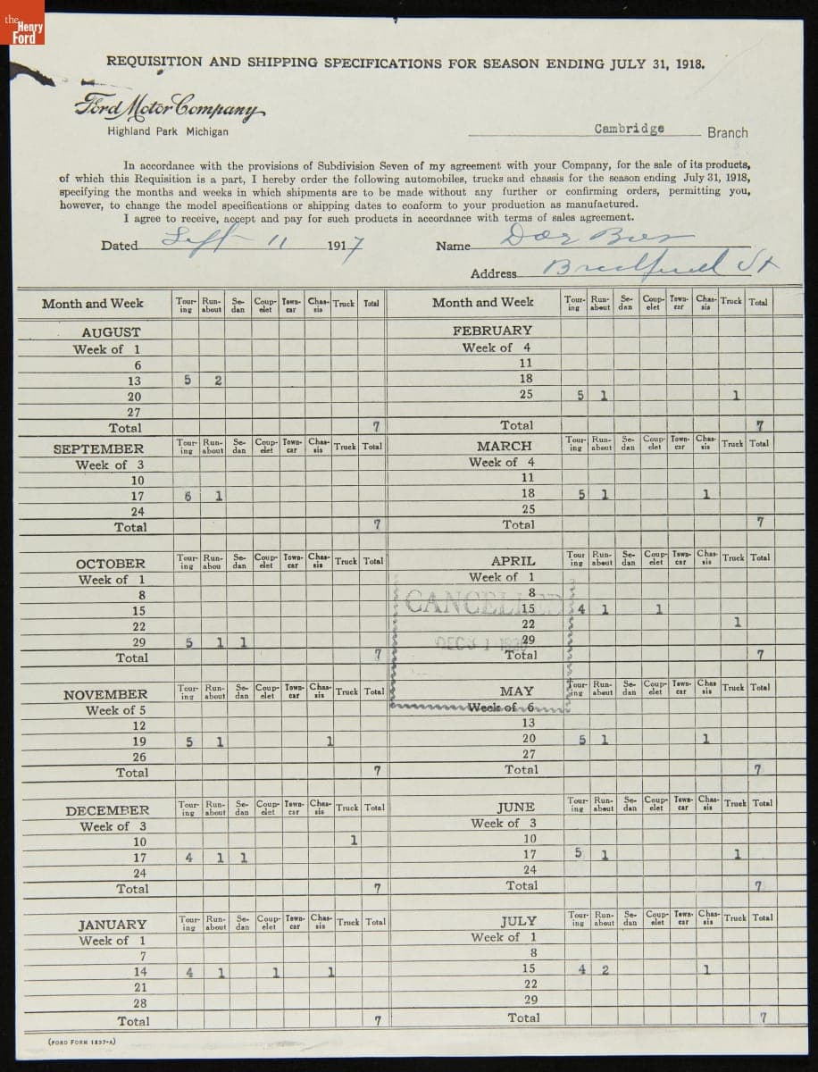 Cancelled Requisition Form for Doe Bros., Bradford, Vermont, December 31, 1920